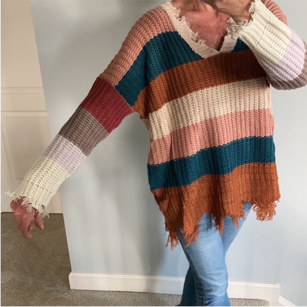 Oversized, Distressed Striped Sweater - Picture 5 of 9